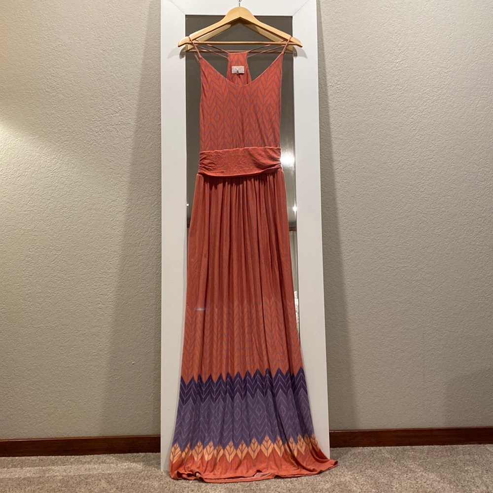 Anthropologie - Pink, multi-colored maxi dress, racer back top